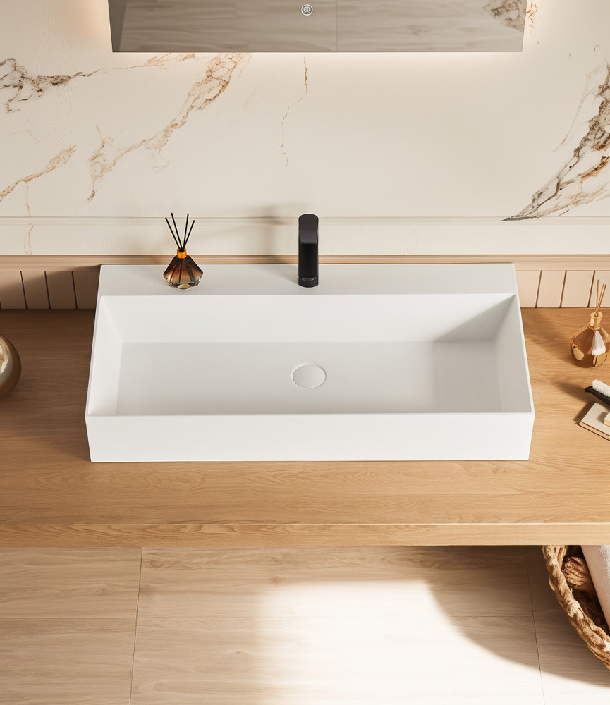 36" x 18" Solid Surface Wall Mount Rectangle Matte White Vessel Sink with Fauc