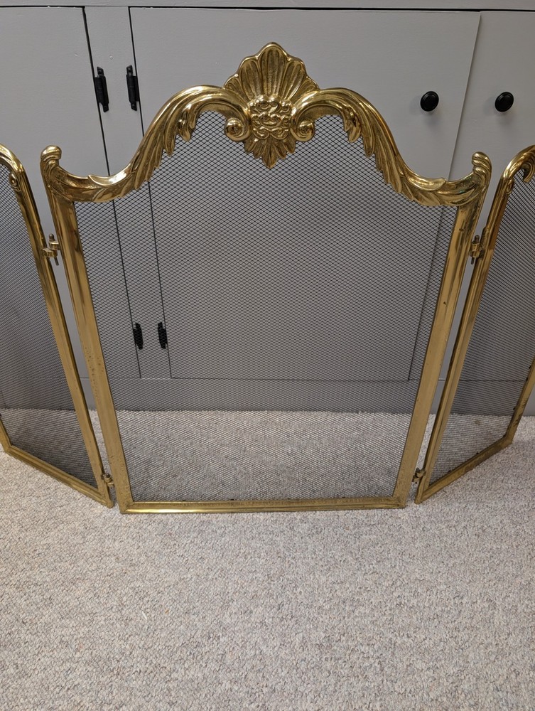Vtg 3 Panel Fold Brass Shell Rose Fireplace Screen