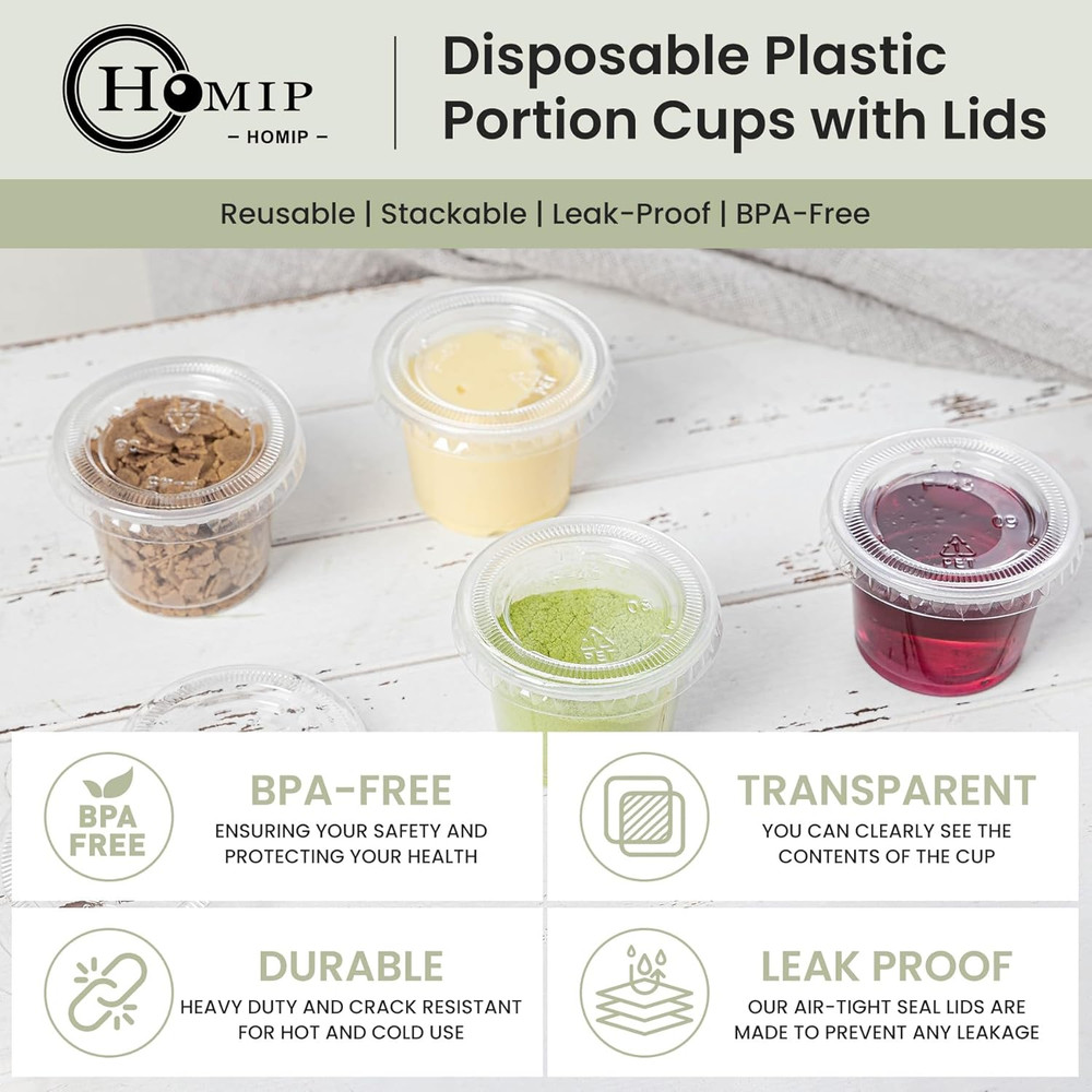 00Pack 1oz Disposable Plastic Portion Cups with Lids, Small Mini Sauce Cups