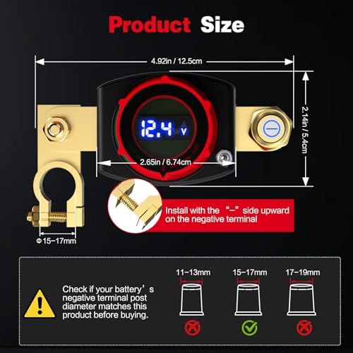 Top Post Battery Disconnect Switch with Voltmeter, 5-60V Top Post (15-17mm)
