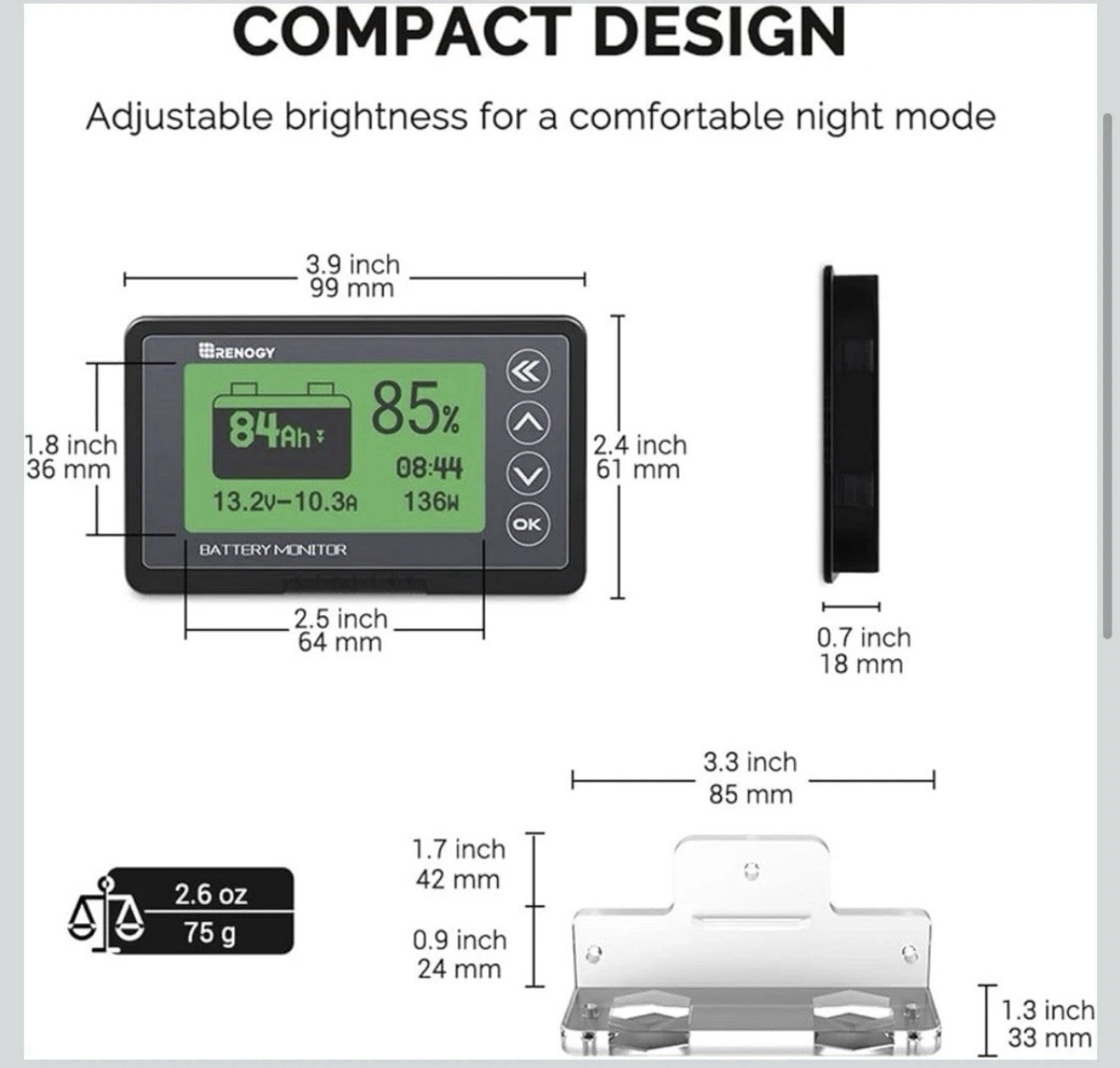 Renogy 500A Battery Monitor High and Low Voltage Programmable Alarm 500A Shunt
