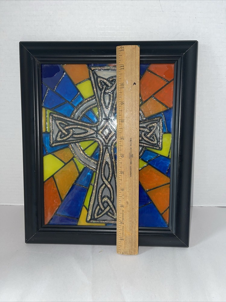 Celtic Cross Stained Glass Window Panel Rectangular Mid-Century Framed 10x12”