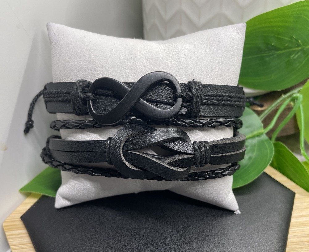2 PC Leather Bracelet Stackable Adjustable Tie Free Infinity Charm B5217