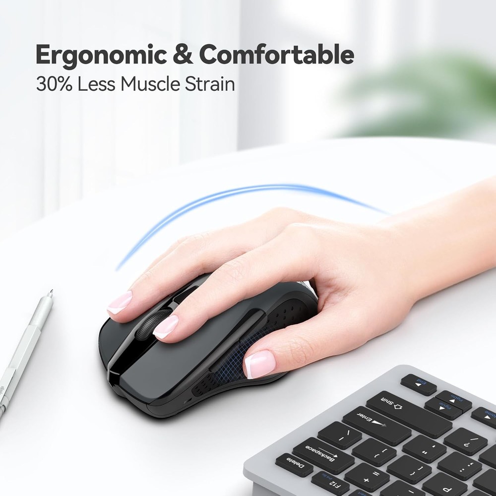 TECKNET Wireless Mouse, 2.4G Ergonomic Optical Computer Mouse for Grey