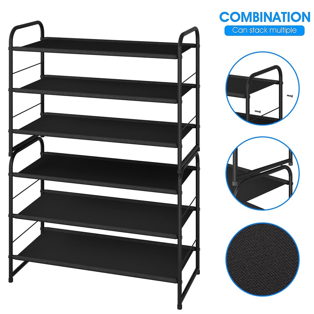 3 Tier Stackable Shoe Rack, Expandable Adjustable Fabric Shoe Shelf Storage O...