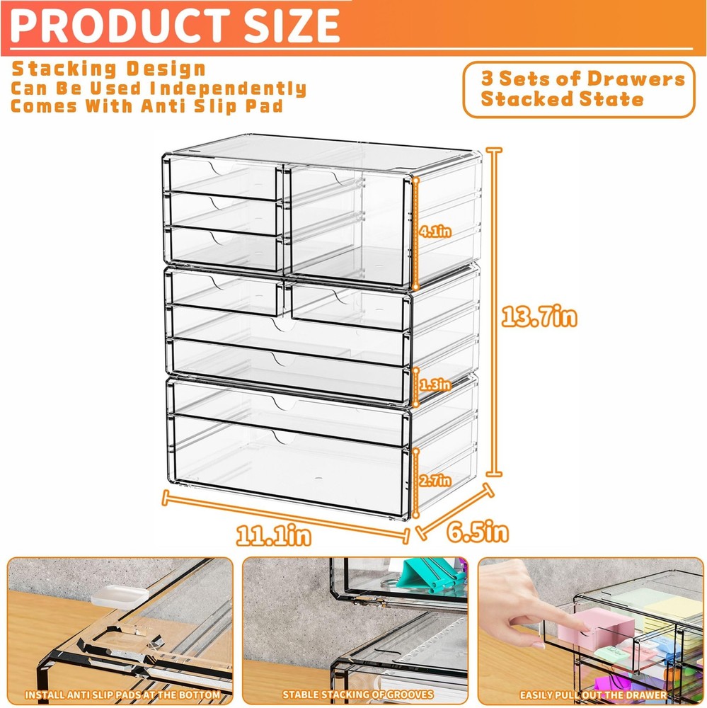 Yieach 3 Pack Clear Storage Drawers With 10 Drawers,Stackable 11.1” Large