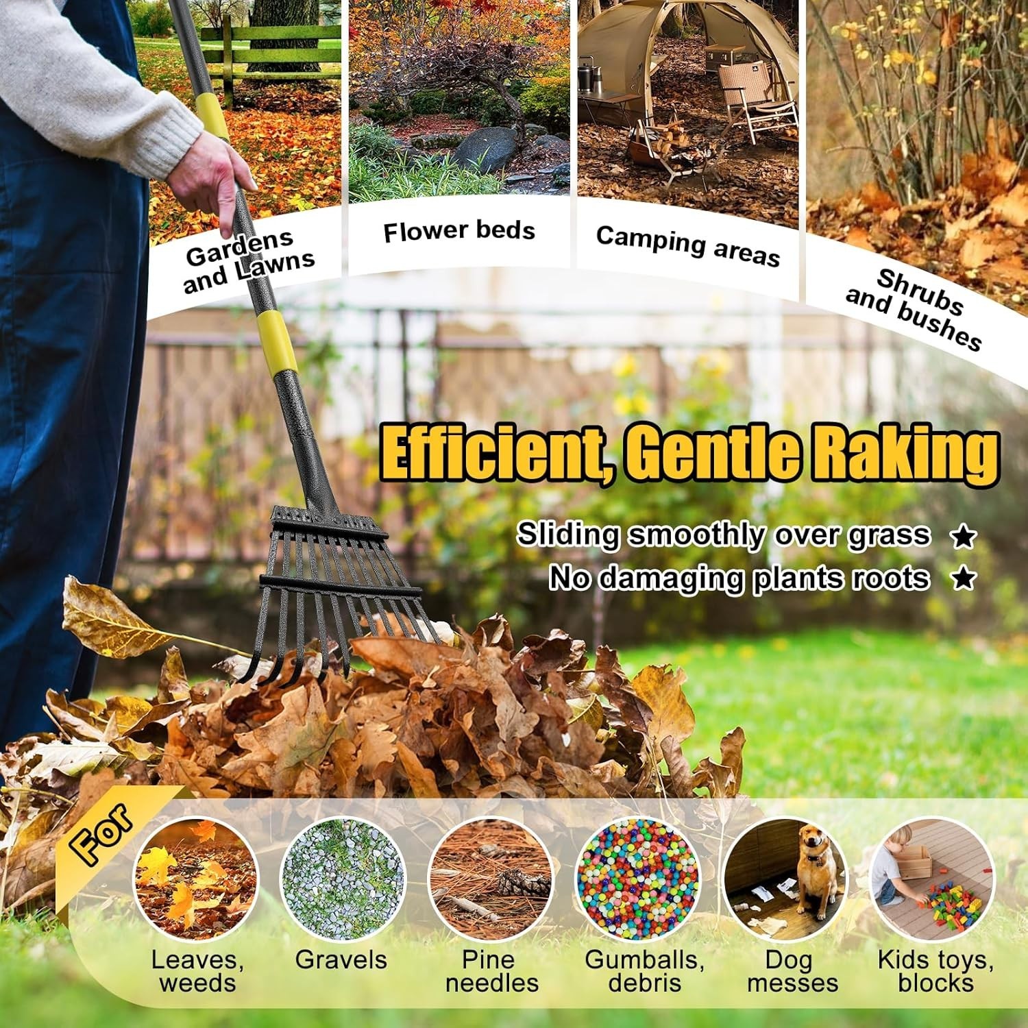 Heavy Duty Garden Leaf Rake 8.5" Wide Extendable Handle Compact Steel