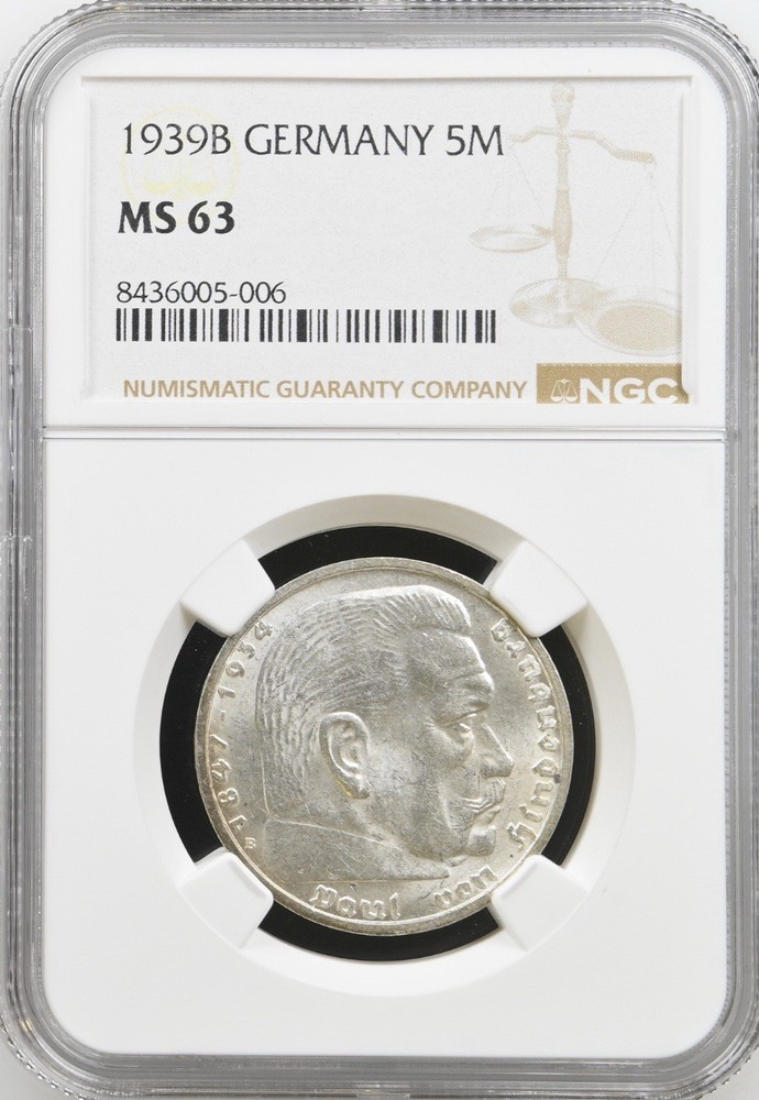 1939-B - Germany Third Reich Silver 5 Marks-NGC MS 63-Higher Grade Example