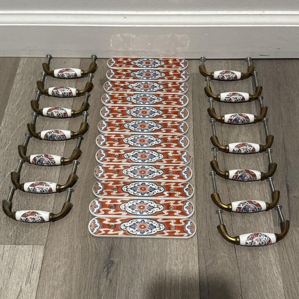 12 - Antique Belwith 1985 Painted Ceramic Drawer Pulls and Back Plates