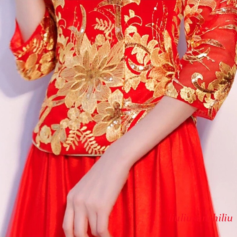 Chinese Traditional Bride Wedding Dress Set Women Red Embroidery Tops and Skirt