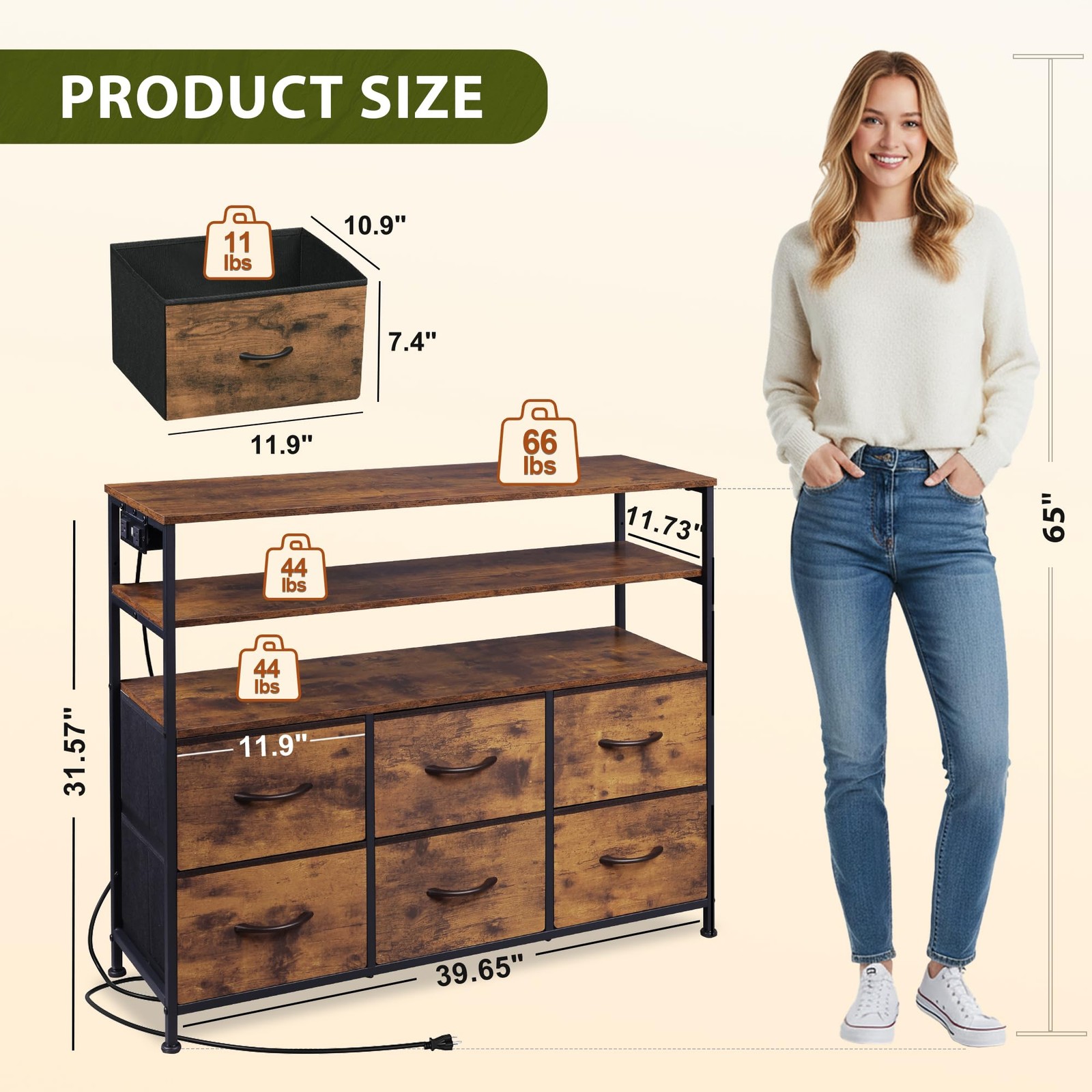 TV Stand for 40 45 inch TV with LED Lights Charging Station 6 Drawers