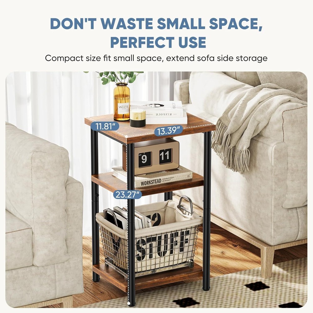 3-Tier End Table Small Side Table Storage Shelf Nightstand with Adjustable Feet