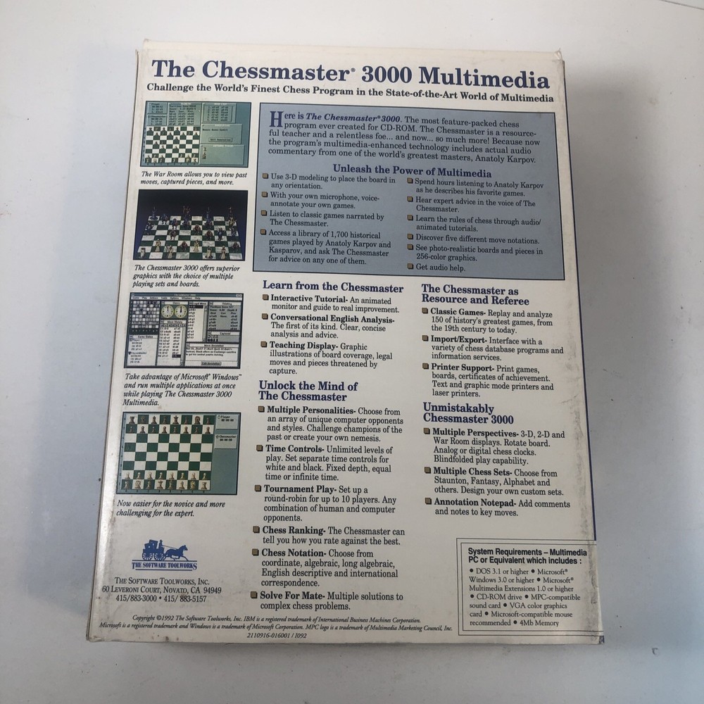 VINTAGE THE CHESSMASTER 3000 SOFTWARE for PC WINDOWS 3.0 - Used