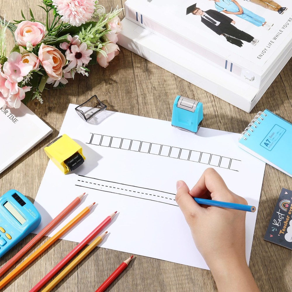2 Pcs Teacher Stamps Square Grids Dashed Lines Refillable Self Ink Roller