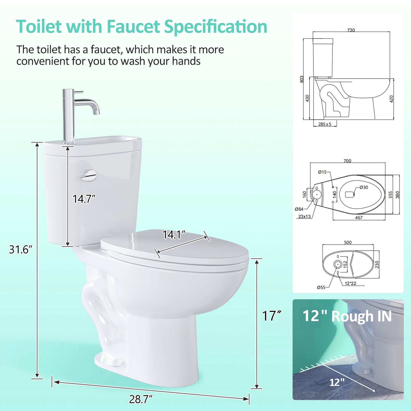 Two Piece Toilet with Sink 2 in 1 Toilet Bowl with Faucet 1.28 GPF Single Flush
