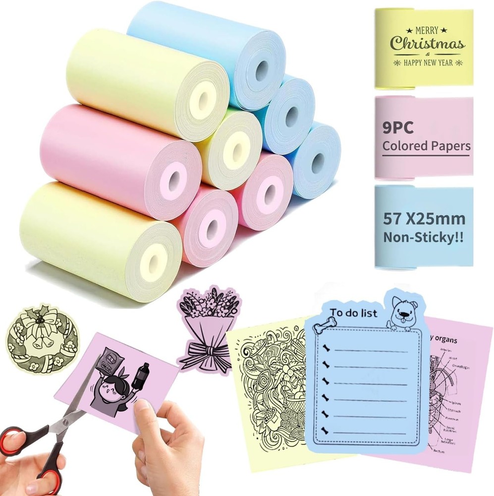9 Rolls Colorful Thermal Printer Paper - Compatible with Mini Printers, Durable