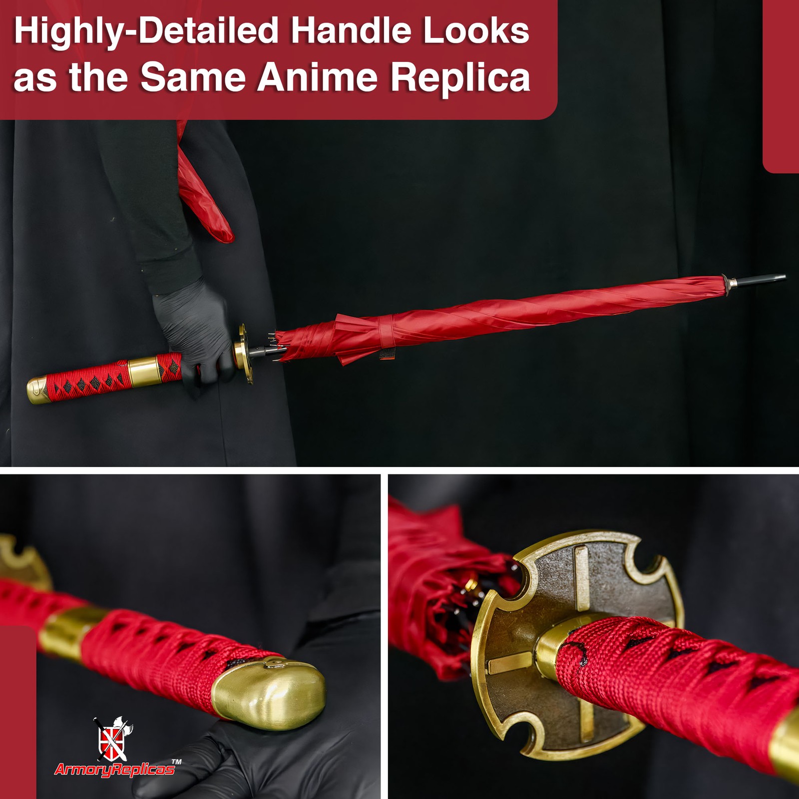 Unique Katana-Style Umbrella with Red Canopy & Faux Ray Skin Samurai Handle