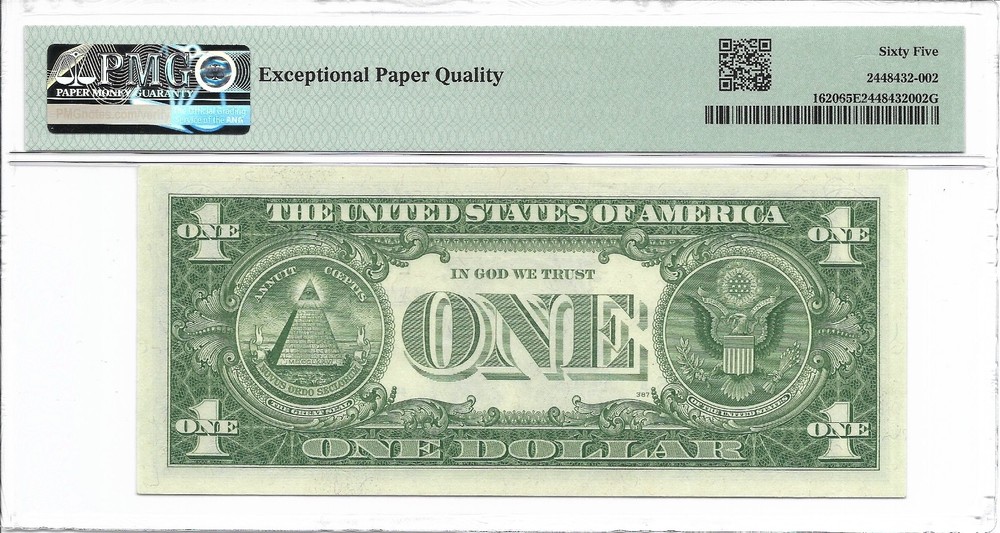 1957A $1 SILVER CERTIFICATE, PMG GEM Uncirculated 65 EPQ. E/A Block.