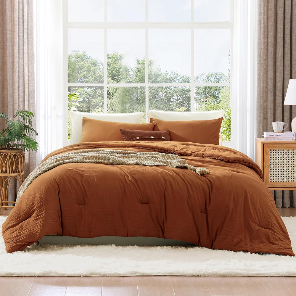 Full Size Comforter Sets - 3 Pieces Prewashed Burnt Orange Comforter Soft Lightw