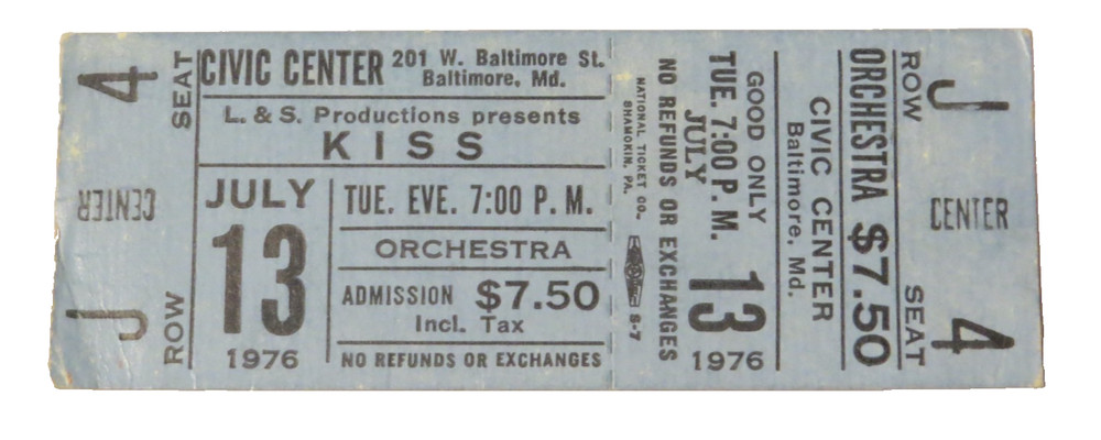 KISS BALTIMORE, MD JULY 13, 1976 FULL COMPLETE TICKET RARE!