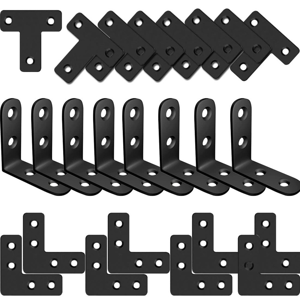 QSJ 24 Pack L Bracket Corner 24Pcs Set (Flat T/L/Solid L), Black