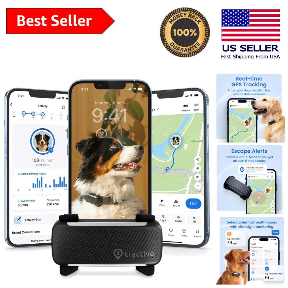 GPS Dog Tracker with Virtual Fence & Bark Detection - Waterproof Black