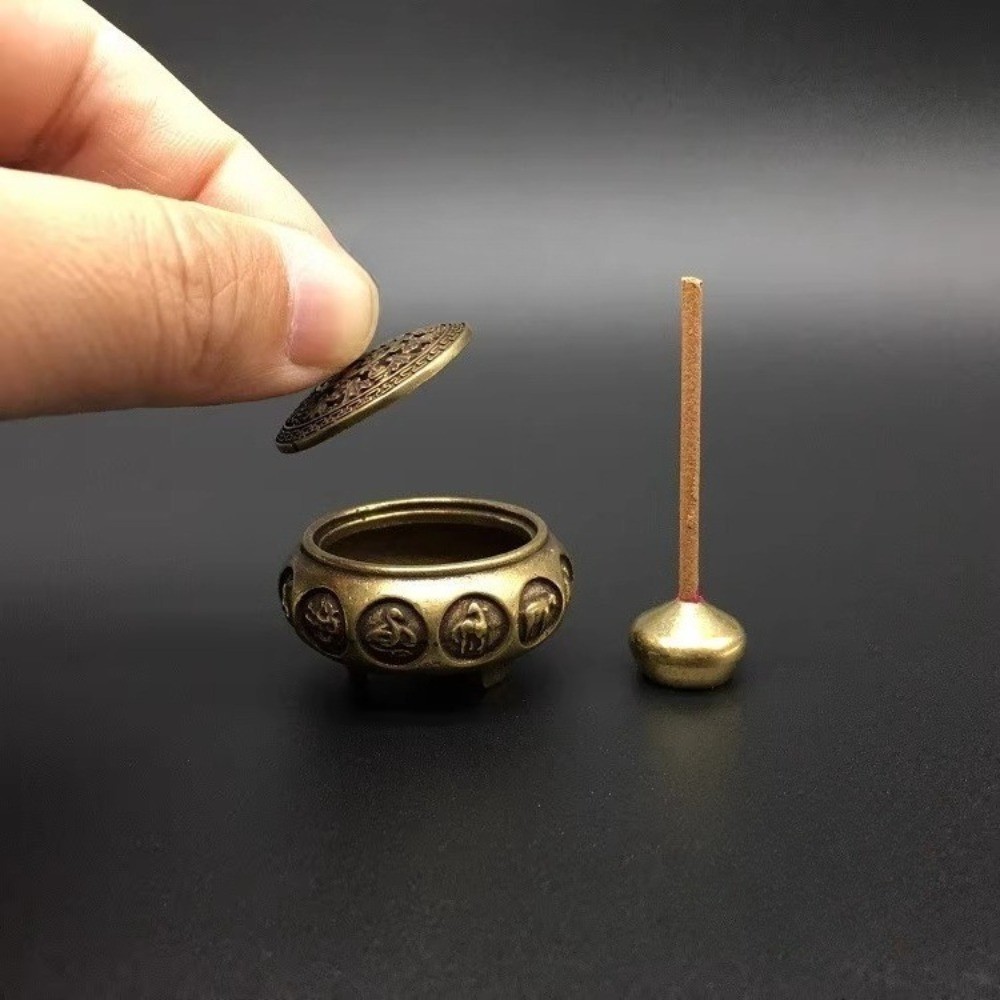 Solid Brass Mini Incense Burner with Lid for Meditation Decoration
