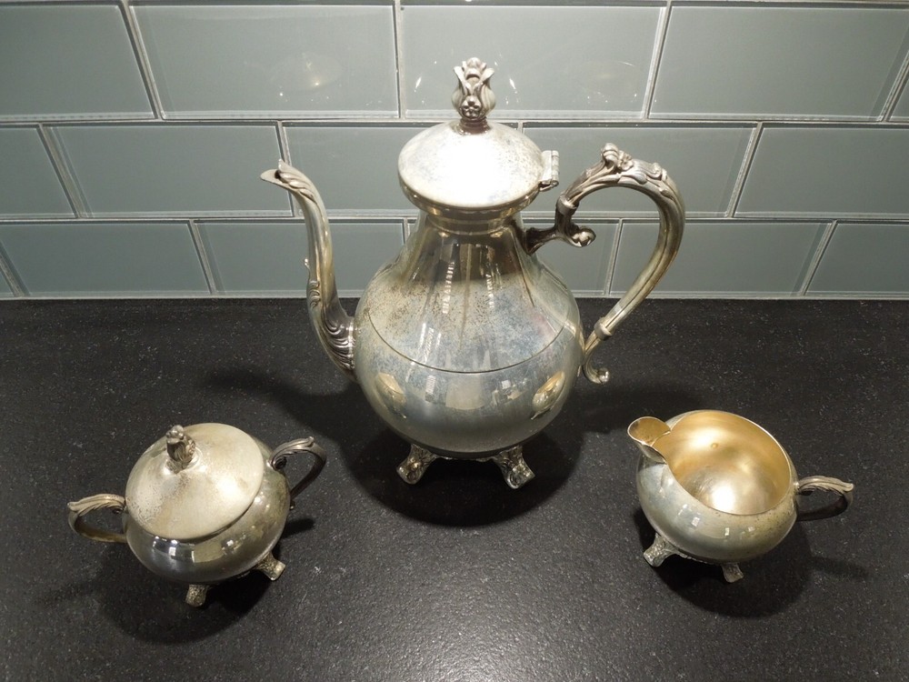 FB Rogers Silver Co. Tea Set Silver Plated Teapot , Cream & Sugar With Lid