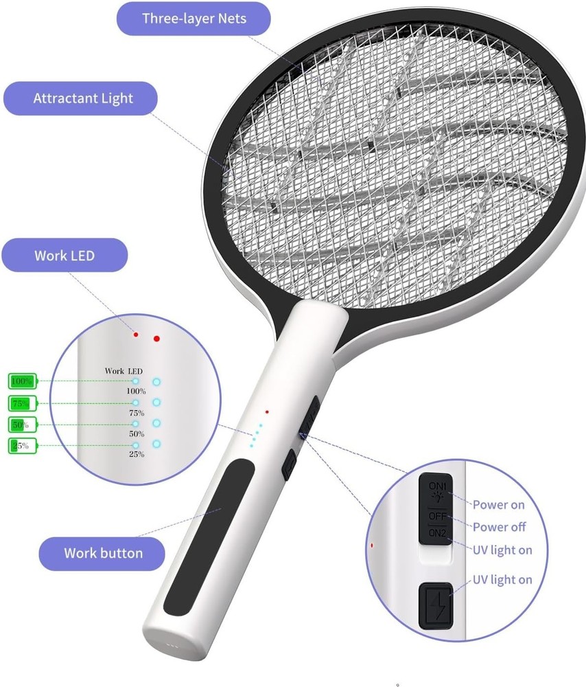 2PACK Electric Fly Swatter 4500V Bug Zapper Racket, 2 in 1 Handheld Fly Zapper