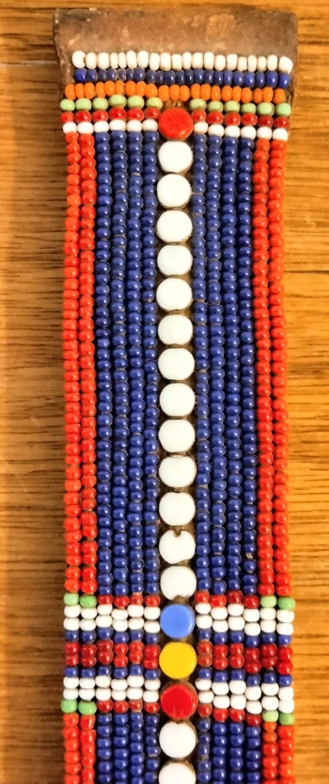 Antique African Maasai Beaded Leather Strap 8" Petina & Handbeading - Decorative
