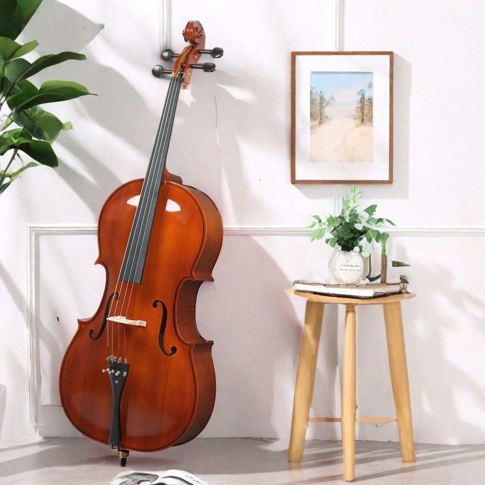 Natural Full Size 4/4 Acoustic Cello Set w/ Spruce Panel & Tiger Pattern Process