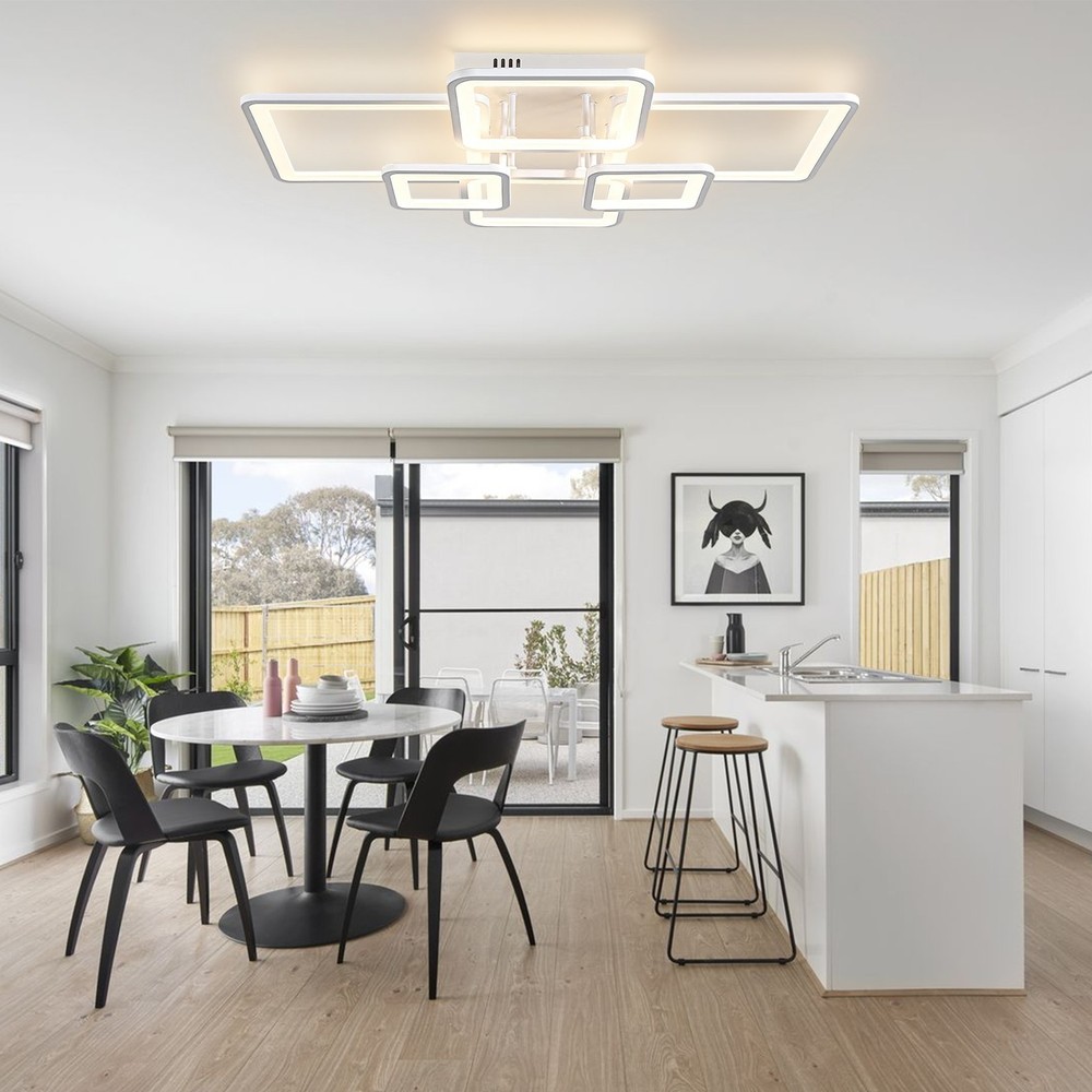 6-Ring Dimmable LED Ceiling Lamp – White Flush Mount Light with Remote Control