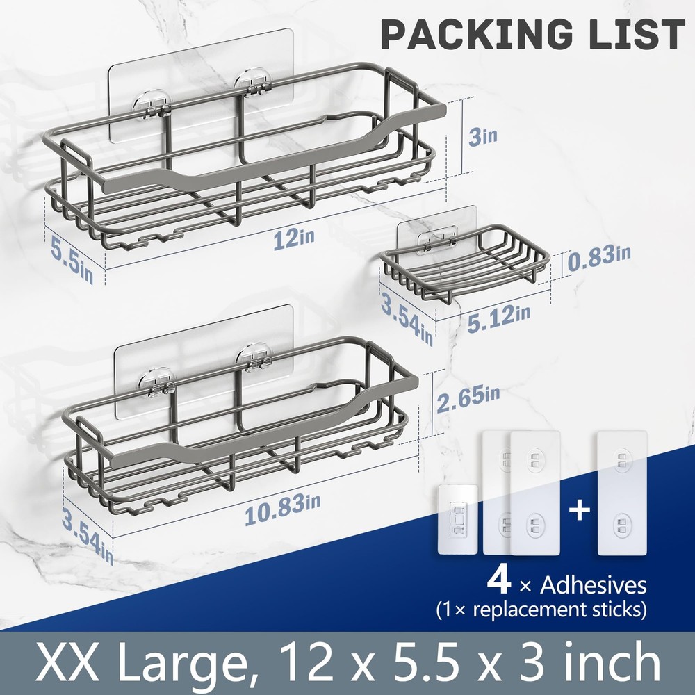 3-Pack Shower Caddy with Soap Holder Adhesive Rustproof No-drill Strudy Loading