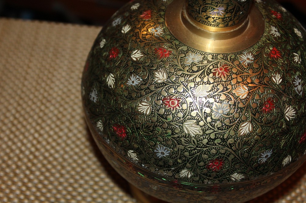 Middle Eastern India Brass Metal Double Handle Vase Flowers Scrolls