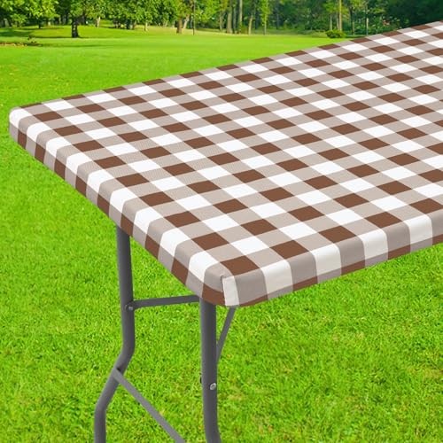 Rectangle Picnic Table Cloth, Elastic 60" x 30" (Rectangular) Brown and White