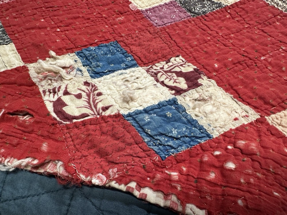 Vtg Nine Patch on Point Quilt Hand Sewn Red Feedsack Patchwork Distressed *Read