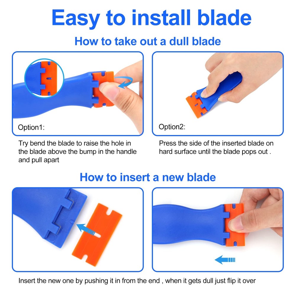 4 Pcs Plastic Razor Blade Scraper and 100 Blades, Remove Label Decal Blue