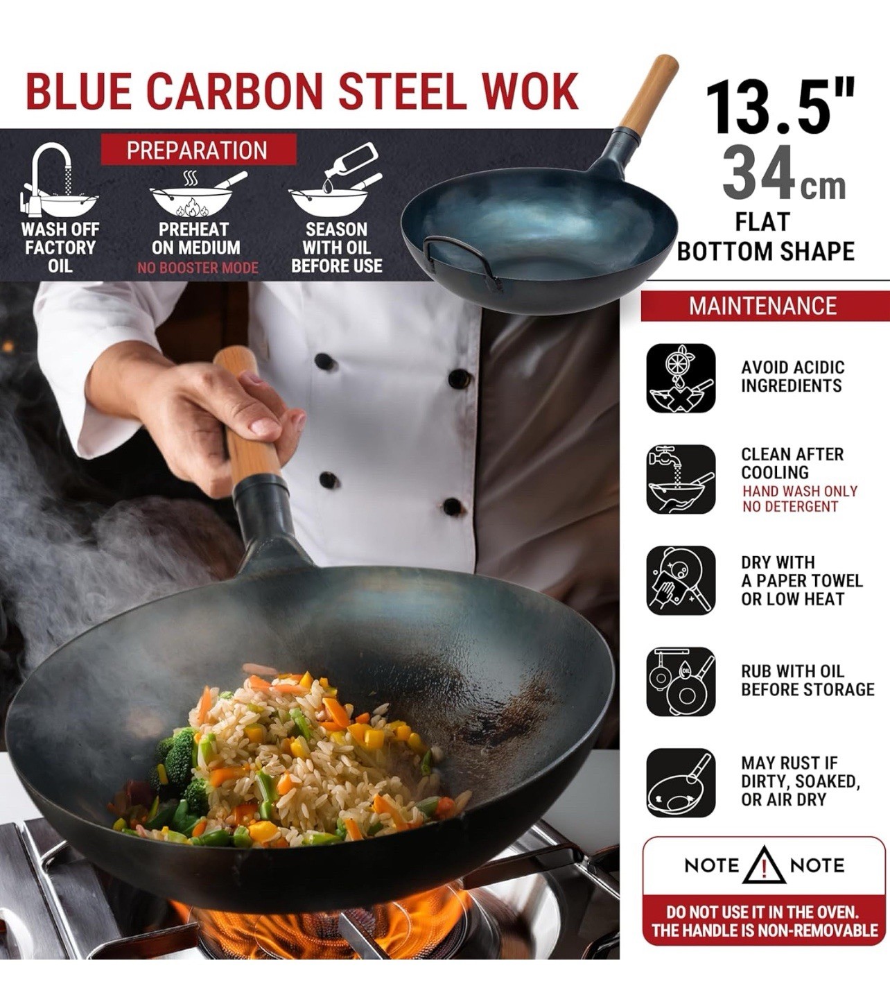 YOSUKATA 13.5” Blue Carbon Steel Wok Pan – Pre-Seasoned Flat Bottom Wok Compatib