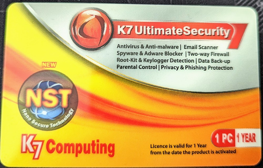 K7 Ultimate Security 1PC 1Year licence. Complete Serial code scratch card