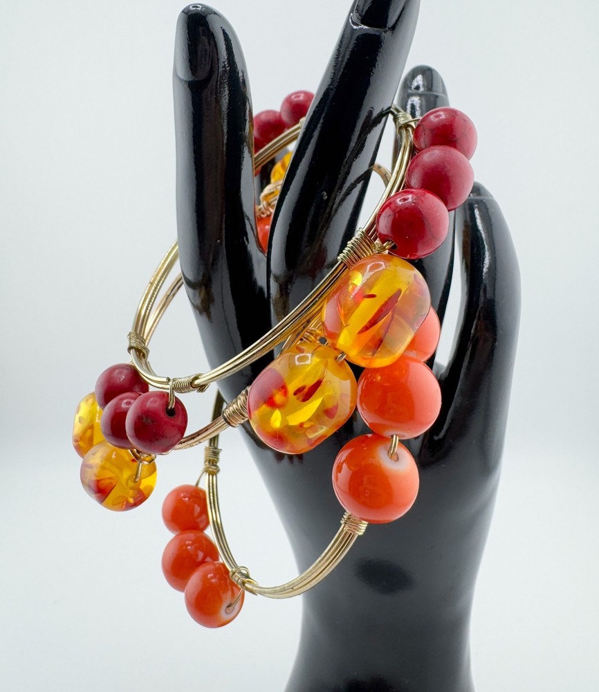 3 Bohemian Wire-Wrapped Beaded Bangle Bracelets Orange Amber Red Stackable Retro
