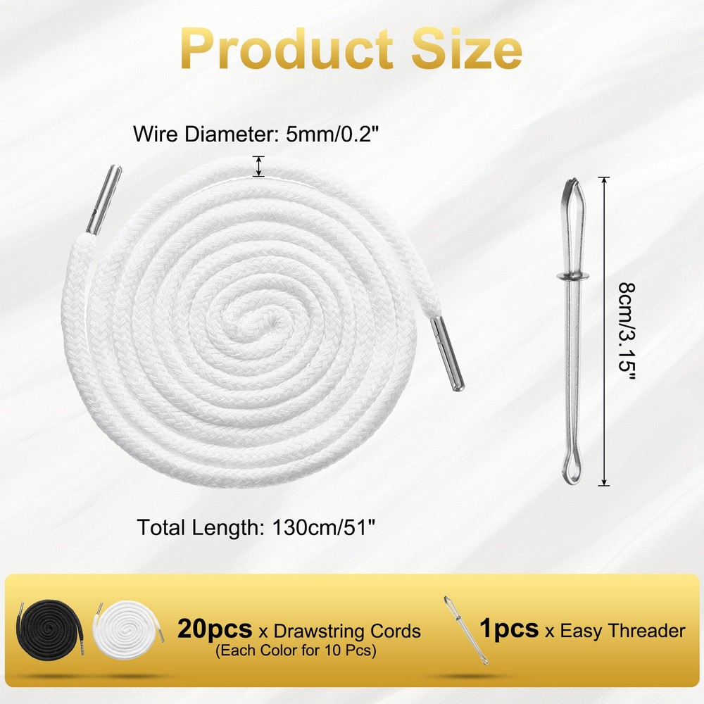20pcs Drawstring Cords 51" Replacement Drawstring with Threader, White+Black