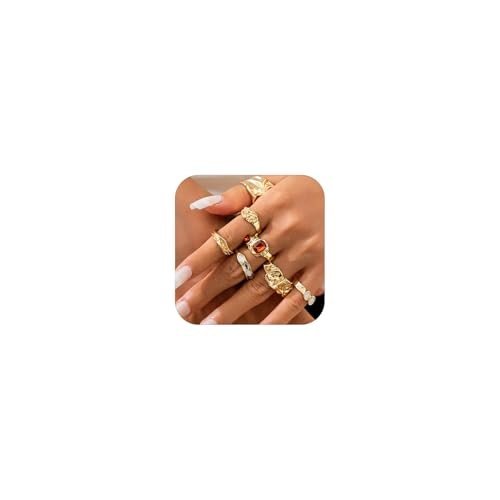 Chunky Gold Ring Set for Women Stackable Thick Gemstone Rings Pack Gold C