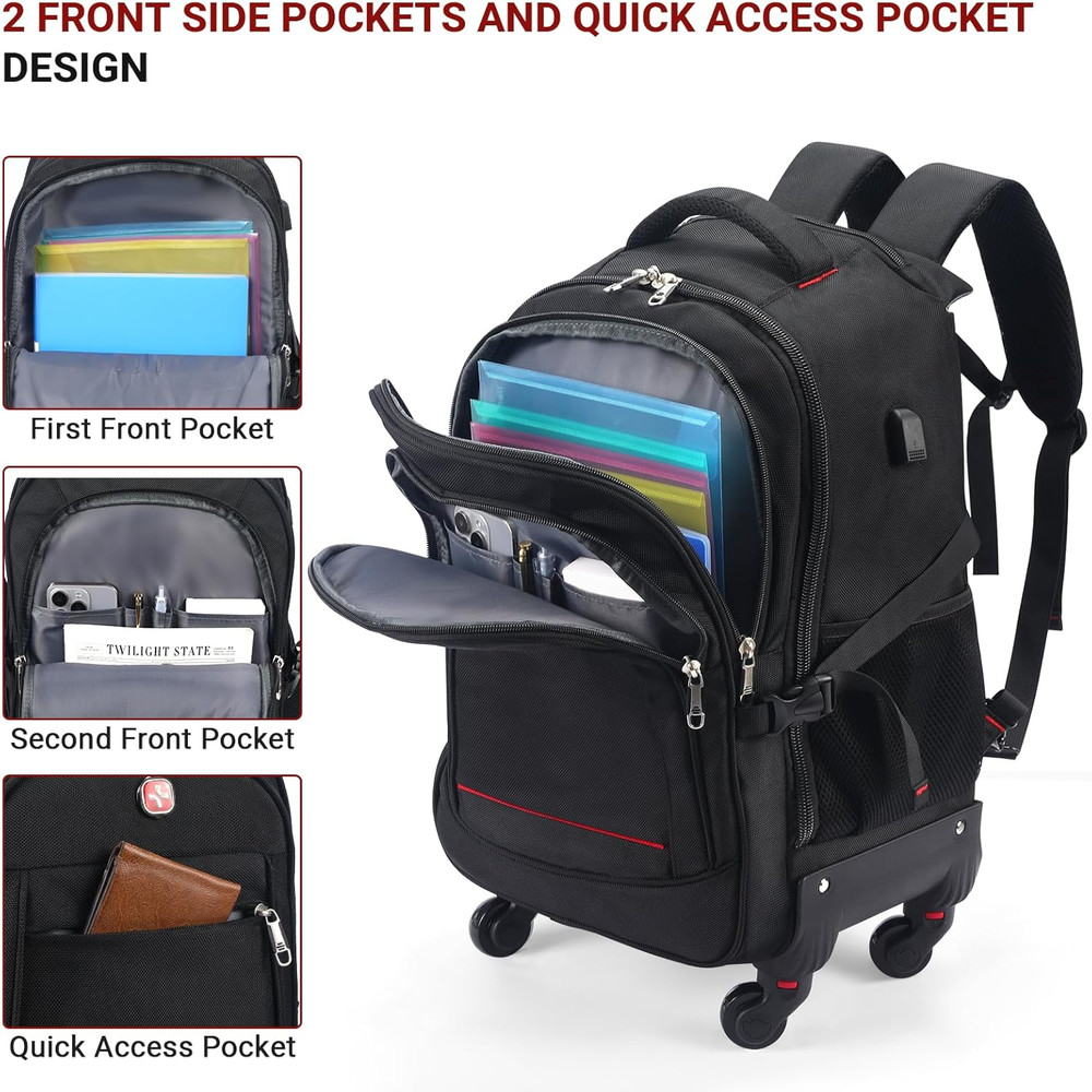 Rolling Backpack with 4 Extra Wheels - Water-Resistant, Airline Approved Underse