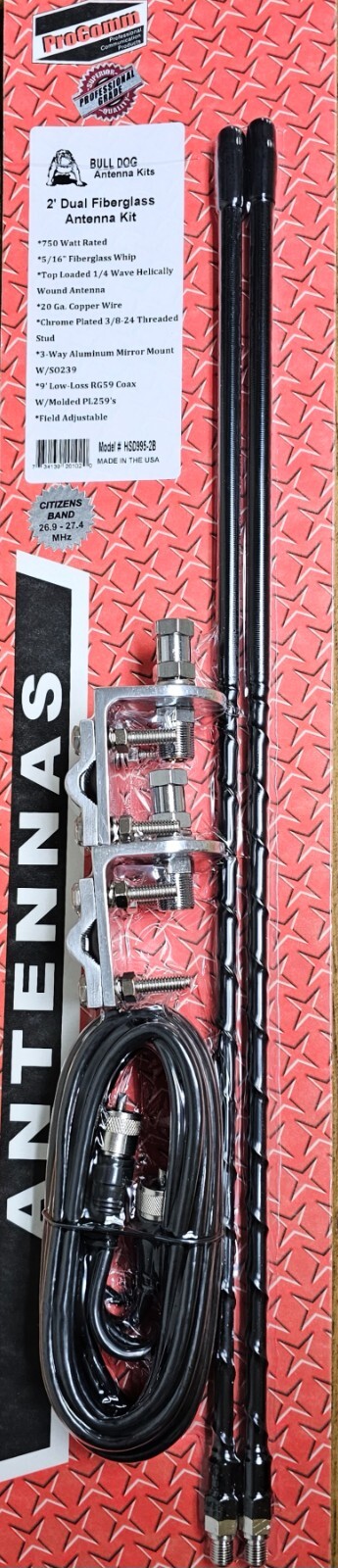 ProComm HSD995-2B 2' Dual Black Fiberglass CB Radio Antenna Kit w/ Mirror Mounts