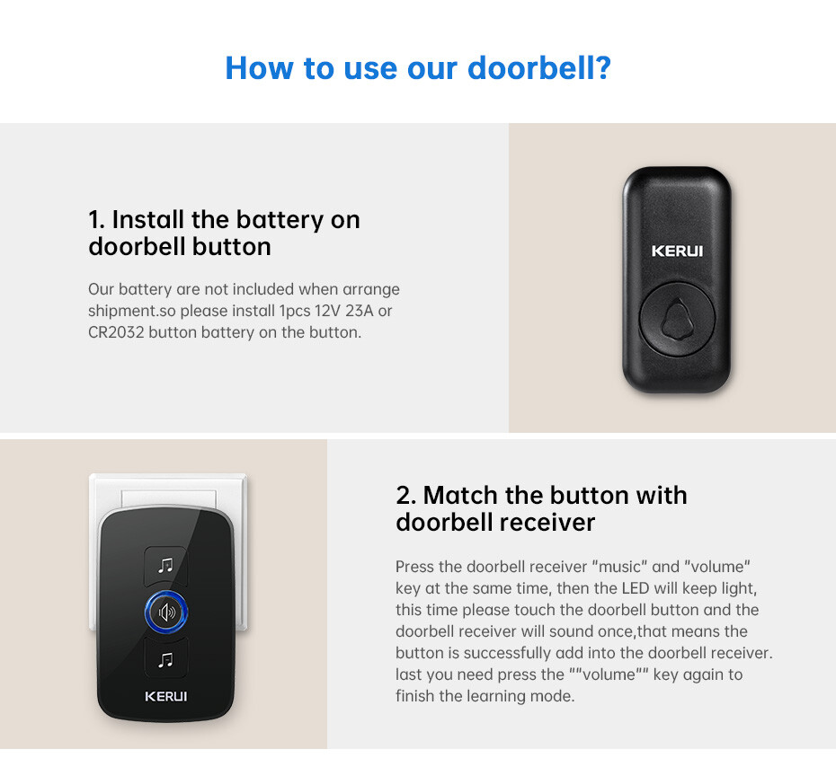 Wireless Doorbell Waterproof 2 Plugin Receiver Adjustable Volume 60 Chime 1000FT