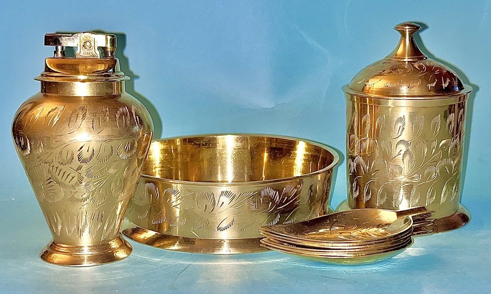 Brass Tobacciana Etched Feather Design Table Set