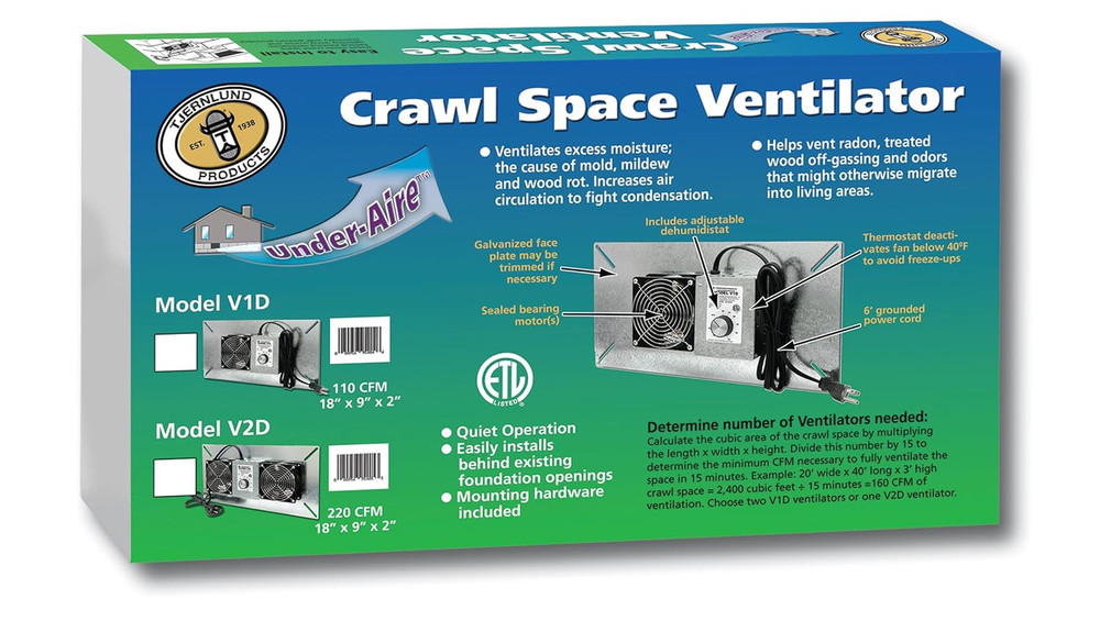 V2D Underaire Crawlspace Ventilator Fan Moisture Mold Reducing,220 Cfm,Silver