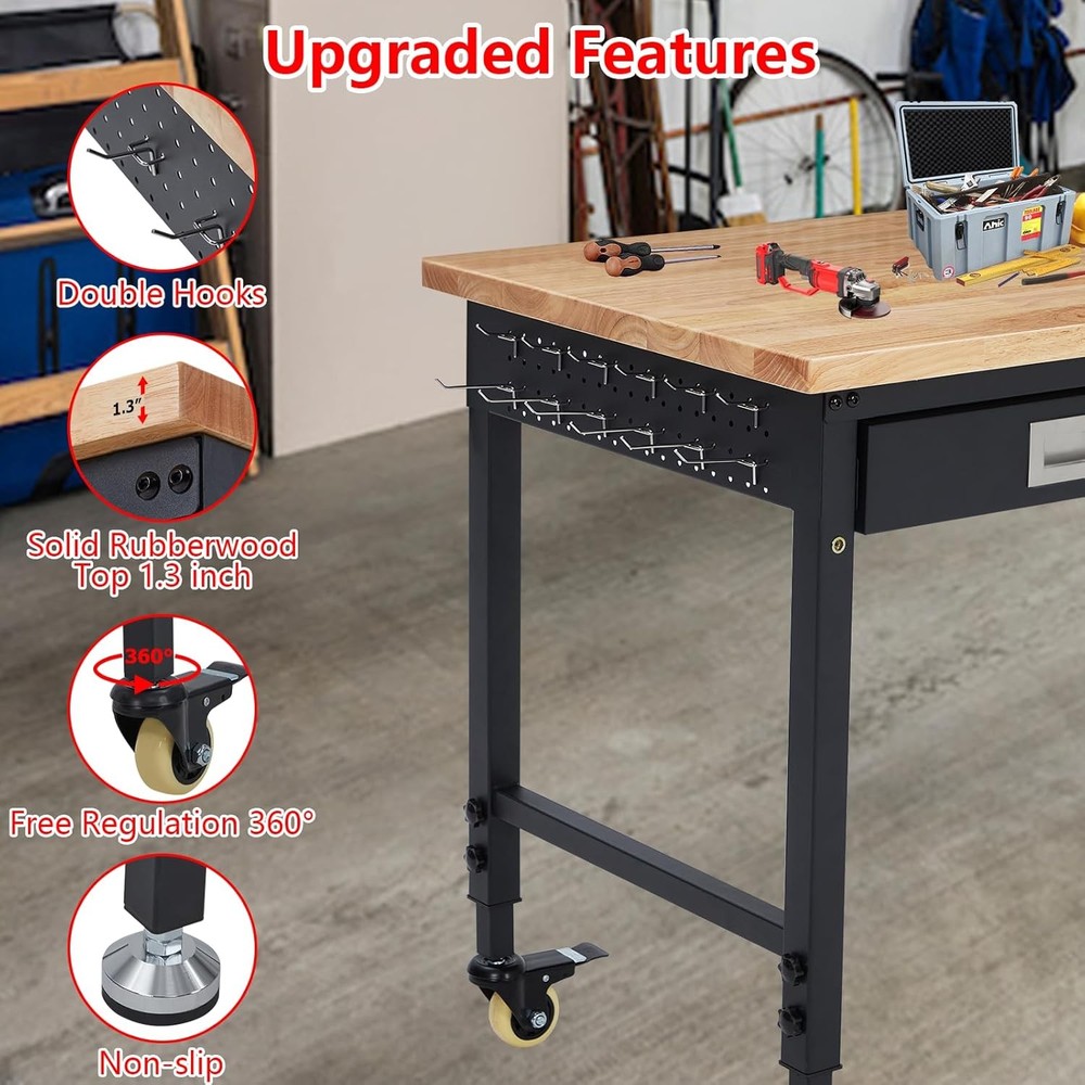 Adjustable Workbench 60''x22''with Power Outlets, Lights, Storage Drawer,Rolling