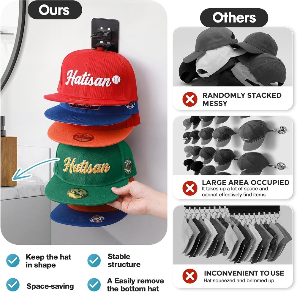 2 Pack Hat Organizer for Baseball Caps, Detachable DIY Hat Rack for Wall Hat ...