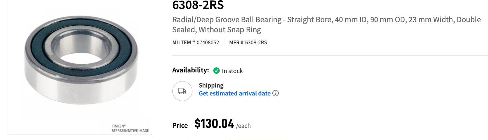 40mm Bore ( THE GENERAL # 6308-88-30E6308 2RSE) Double sealed bearing